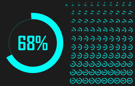Set of circle percentage diagrams from 0 to 100 for Web Design, User Interface UI UX or Infographic. Loading indicator Colorful Progress Green on Black Background. Vector illustration. Circle icons set.のイラスト素材