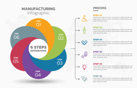 Visual data presentation. Cycle diagram with 6 options. Pie Chart Circle infographic template with 6 steps, options, parts, segments. Business concept. Marketing infographic vector illustration. Editable pie chart with sectors. All in a single layer.のイラスト素材