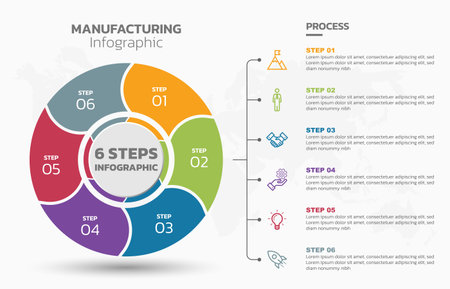 Visual data presentation. Cycle diagram with 6 options. Pie Chart Circle infographic template with 6 steps, options, parts, segments. Business concept. Marketing infographic vector illustration. Editable pie chart with sectors. All in a single layer.のイラスト素材