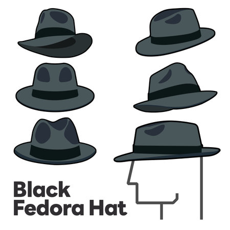 Set Blank Black Fedora Hat Vector for Template. Black Fedora Hat Technical Fashion Illustration. Black Fedora Hat Isolated on White Background. Vector Illustration. All in a single layer. Elements for design. EPS10.のイラスト素材