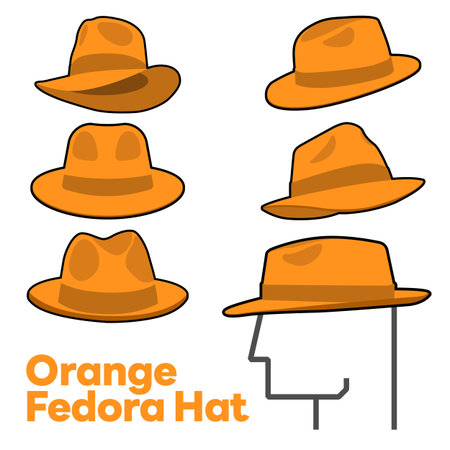 Set Blank Orange Fedora Hat Vector for Template. Orange Fedora Hat Technical Fashion Illustration. Orange Fedora Hat Isolated on White Background. Vector Illustration. All in a single layer. Elements for design. EPS10.のイラスト素材