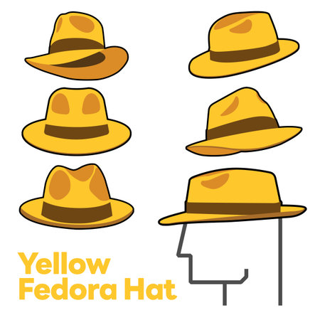 Set Blank Yellow Fedora Hat Vector for Template. Yellow Fedora Hat Technical Fashion Illustration. Yellow Fedora Hat Isolated on White Background. Vector Illustration. All in a single layer. Elements for design. EPS10.のイラスト素材