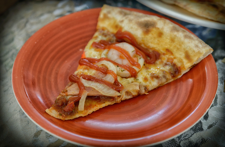 delicious pizza with seafood on glass table, italian cuisine/ selective focusの写真素材