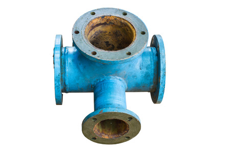 Four way plumbing pipes on white background.