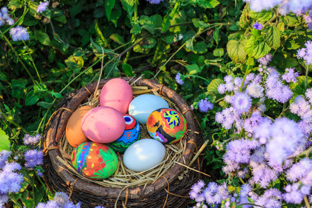 colorful easter eggs in grass nest.の写真素材