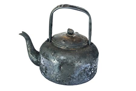Old black kettle isolated on white backgroundの写真素材