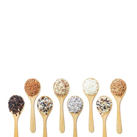 Food background with of rice variety . rice mixture. brown rice, black rice, white rice.の写真素材