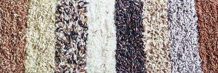 Food background with of rice variety . rice mixture. brown rice, black rice, white rice.の写真素材