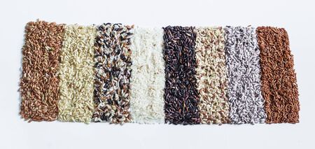 Food background with of rice variety . rice mixture. brown rice, black rice, white rice.の写真素材