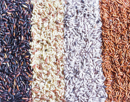 Food background with of rice variety . rice mixture. brown rice, black rice, white rice.の写真素材