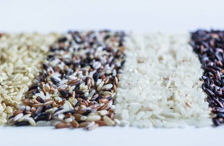 Food background with of rice variety . rice mixture. brown rice, black rice, white rice.の写真素材