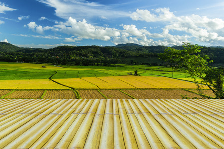 Bamboo bench terrace with the day natural mountain view at Chiang Mai, Thailand.の写真素材