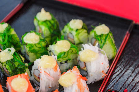 close up of sushi rolls traditional japanese foodの写真素材
