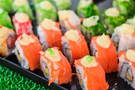 close up of sushi rolls traditional japanese foodの写真素材