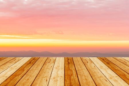 wood terrace with view from top of mountain in the morning for background.の写真素材