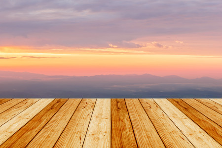 wood terrace with view from top of mountain in the morning for background.の写真素材