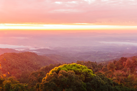 wood terrace with view from top of mountain in the morning for background.の写真素材