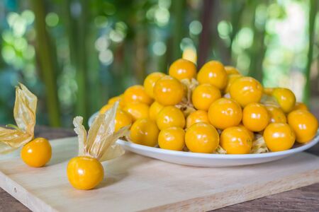 Orange Organic Cape Gooseberries in a plate on woodenの写真素材