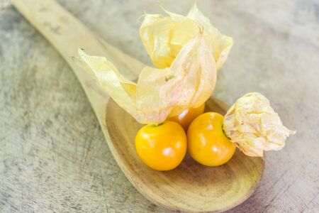Orange Organic Cape Gooseberries in a wooden spoon on woodenの写真素材