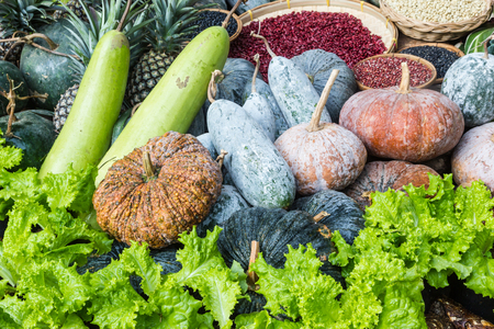 Composition with cereal, fruits and vegetables close upの写真素材