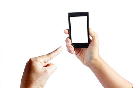 blank screen mobile phone in female handの写真素材