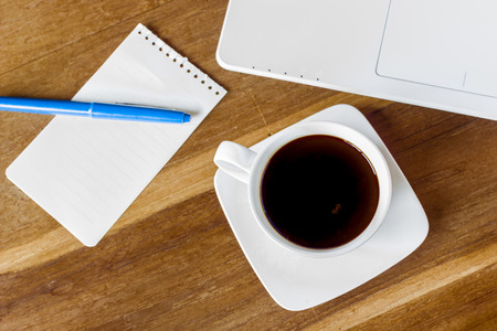 cup of black coffee, office supplies, close upの写真素材