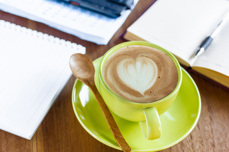 cup of black coffee, office supplies, close upの写真素材