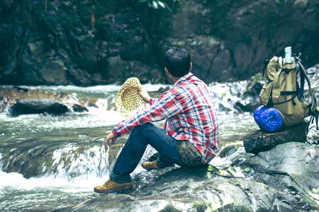 Waterfall hidden in the tropical jungleの写真素材