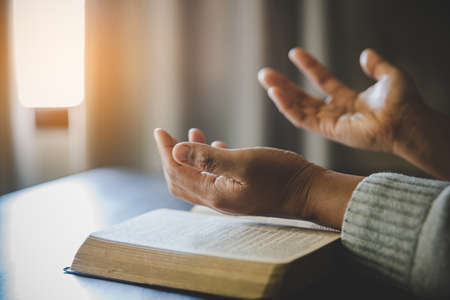 a woman praying with hands on bibleの写真素材