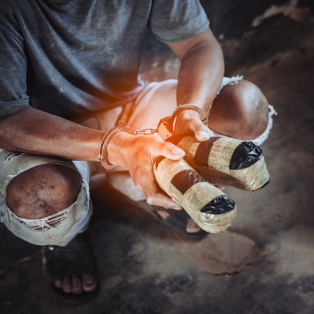 Police officer finds drugs during the search. close up of addict narcotics dose Heroin, drug addict was arrested.の写真素材