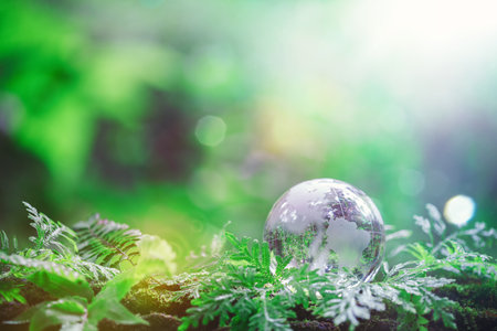 Globe planet glass In green forest with bokeh nature lights. world environment day. concept for environment conservation, protect ecology earth and environmental eco-friendly life with copy spaceの写真素材