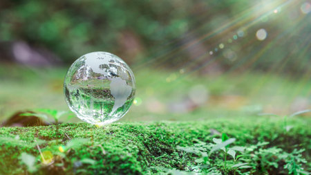 Globe planet glass In green forest with bokeh nature lights. world environment day. concept for environment conservation, protect ecology earth and environmental eco-friendly life with copy spaceの写真素材