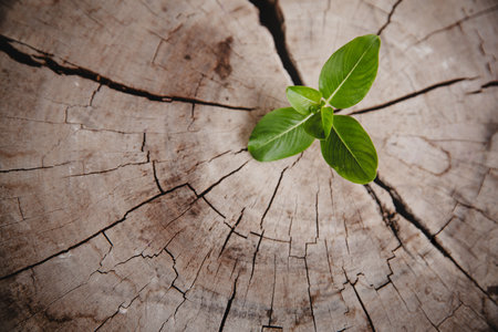 Closeup tree new life growth ring. Strong green plant leaf growing on old wood stump. Hope for a new life in future natural environment, renewal with business development and eco symbolic concept.の写真素材