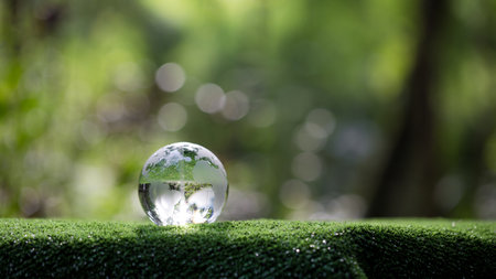 Globe planet glass In green forest with bokeh nature lights. world environment day. concept for environment conservation, protect ecology earth and environmental eco-friendly life with copy spaceの写真素材