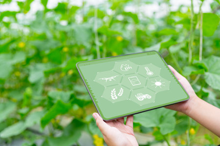 Internet of Things, IoT with Farming Smart concept. Agriculture and modern technology are used to...