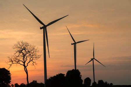 Concept of renewable energy sources, green energy. Innovative wind turbine Sustainable source of electricity is conservation of global environment. Wind energy technology to conserve ecosystems.の写真素材