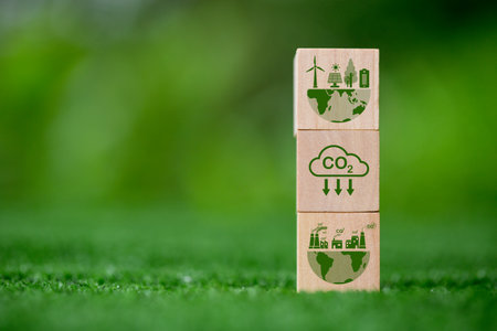 Net zero greenhouse gas emissions reduction with carbon credit concept. Reduce carbon dioxide e.g. renewable energy production improve the efficiency of transportation reduce environmental pollution.の写真素材