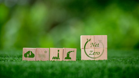 Net zero greenhouse gas emissions reduction with carbon credit concept. Reduce carbon dioxide e.g. renewable energy production improve the efficiency of transportation reduce environmental pollution.の写真素材