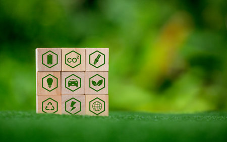 Net zero greenhouse gas emissions reduction with carbon credit concept. Reduce carbon dioxide e.g. renewable energy production improve the efficiency of transportation reduce environmental pollution.の写真素材