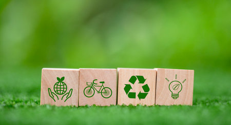 Saving energy and sustainability of renewable energy concept. Eco-efficiency is management of the business sector to be more competitive. Responsibility for natural resources and green environment.の写真素材