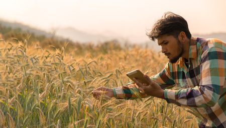 Man agronomist analyzing data in barley field. Male farmer examines the field of cereals and sends...