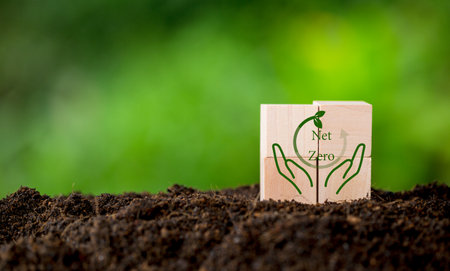 Net zero and carbon neutral concept. Net zero greenhouse gas emissions target. Climate neutral long term strategy. Wooden cubes with green net zero icon and green conserve icon on nature background.の写真素材