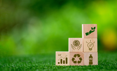 Saving energy and sustainability of renewable energy concept. Eco-efficiency is management of the business sector to be more competitive. Responsibility for natural resources and green environment.の写真素材