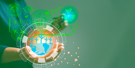 Businesswoman working virtual modern computer to reduce CO2 emissions carbon footprint climate change to limit global warming. Sustainable development and innovation green business concept.の写真素材