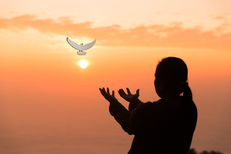 Silhouette of woman hand praying spirituality and religion, female worship to god. banner with copy...
