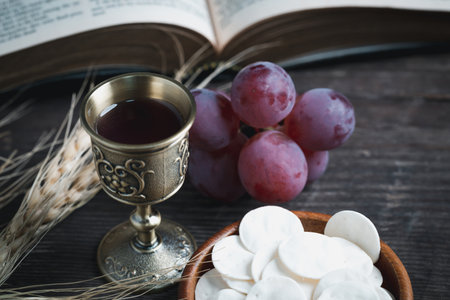 Concept of Eucharist or holy communion of Christianity. Eucharist is sacrament instituted by Jesus. during last supper with disciples. Bread and wine is body and blood of Jesus Christ of Christians.の写真素材