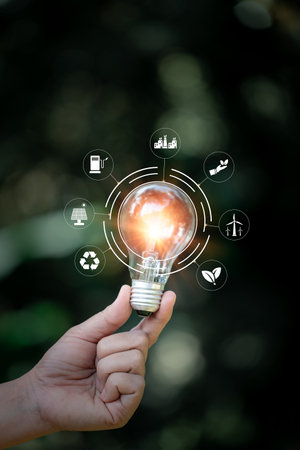 alternative energy, Renewable Energy, saving energy, electricity light lamp from solar and finance, finance banking growth, energy stock investment, World Caring Day, world environment day conceptの写真素材