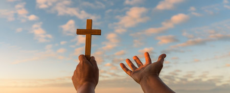 Cross is a symbol of Christianity. Human hands open palm up worship. Eucharist Therapy Bless God...