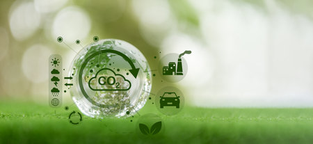 Developing sustainable CO2 concepts and low reduce CO2 emissions and carbon footprint to limit global warming and climate change. sustainable environmental management, Greenhouse from renewable energyの写真素材