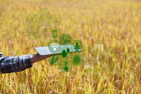 Smart farming Agricultural technology and organic agriculture Woman using research tablet and...
